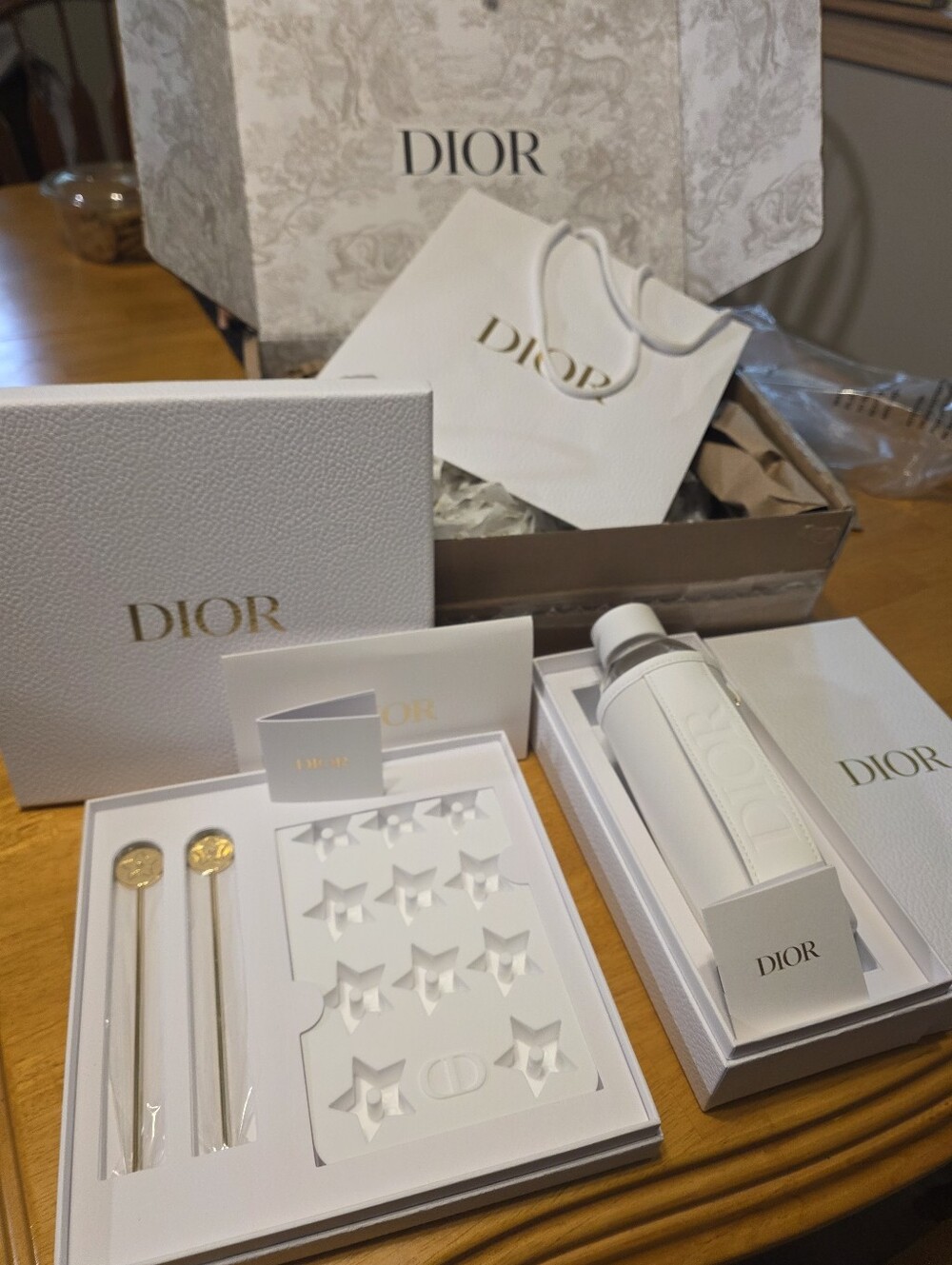 Dior White & Gold Beverage Gift Set with Bottle, Accent Stirrers, Ice Cube Tray